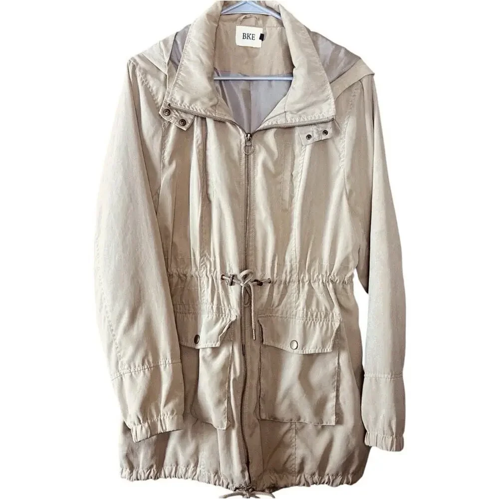 BKE Beige Utility Jacket Hooded Cinch Waist Lightweight Safari Coat Women XL - Picture 2 of 7